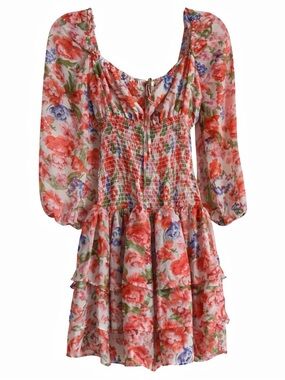 Floral Smocked Ruffle Mini Dress in Coral and green